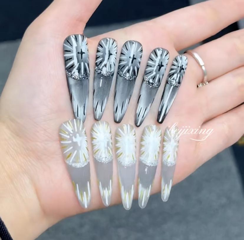 10-pack of 3D oval reusable hand-pressed nail stickers – Reusable acrylic 3D gel smiling cat eye French manicure