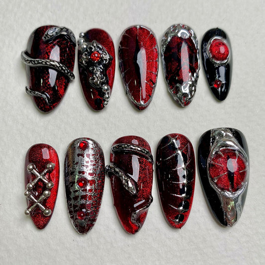 Snakeblood Hex – Red Black Press-On Nails, Gothic Metal Snake Eyes Fake Nails