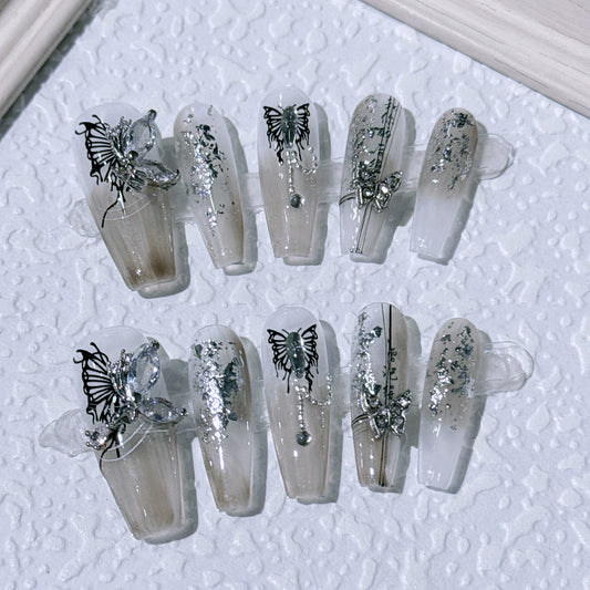 Handmade 3D Butterfly Stiletto False Nails – Press-On Nails for Easy Wear